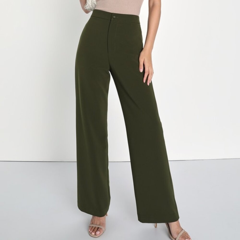 Lulus A Power Mood Olive Green High-waisted Wide Leg Trouser Pants - Size XL